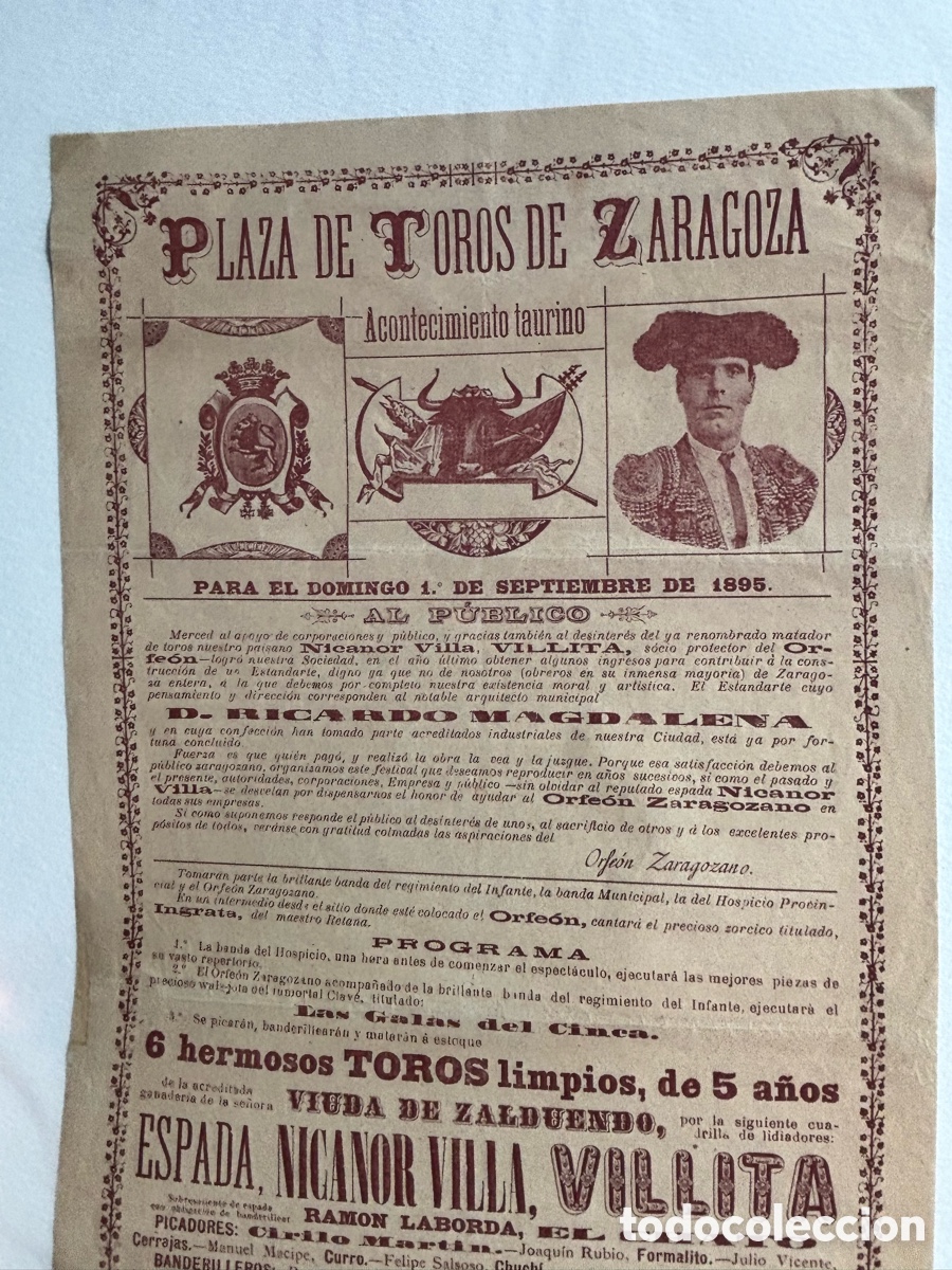Carteles toros: CARTEL TOROS ZARAGOZA. 1 SEPTIEMBRE 1895. NICANOR VILLA PRO-ORFE&Oacute;N RICARDO MAGADLENA 42X21 CM APR&Oacute;X