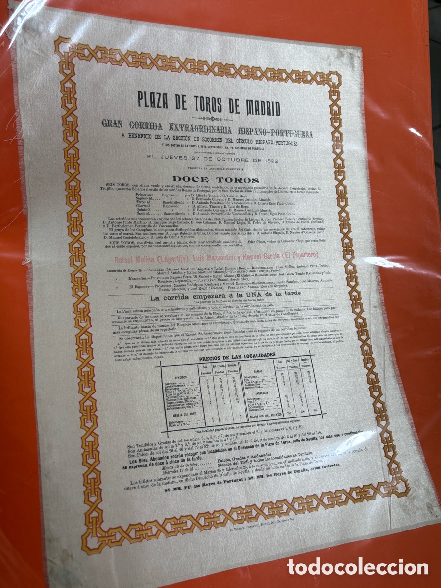 Carteles toros: CARTEL TOROS SEDA. MADRID 27 OCTUBRE 1892. CORRIDA HISPANO-PORTUGUESA. MORENITO 47X32 CM APR&Oacute;X