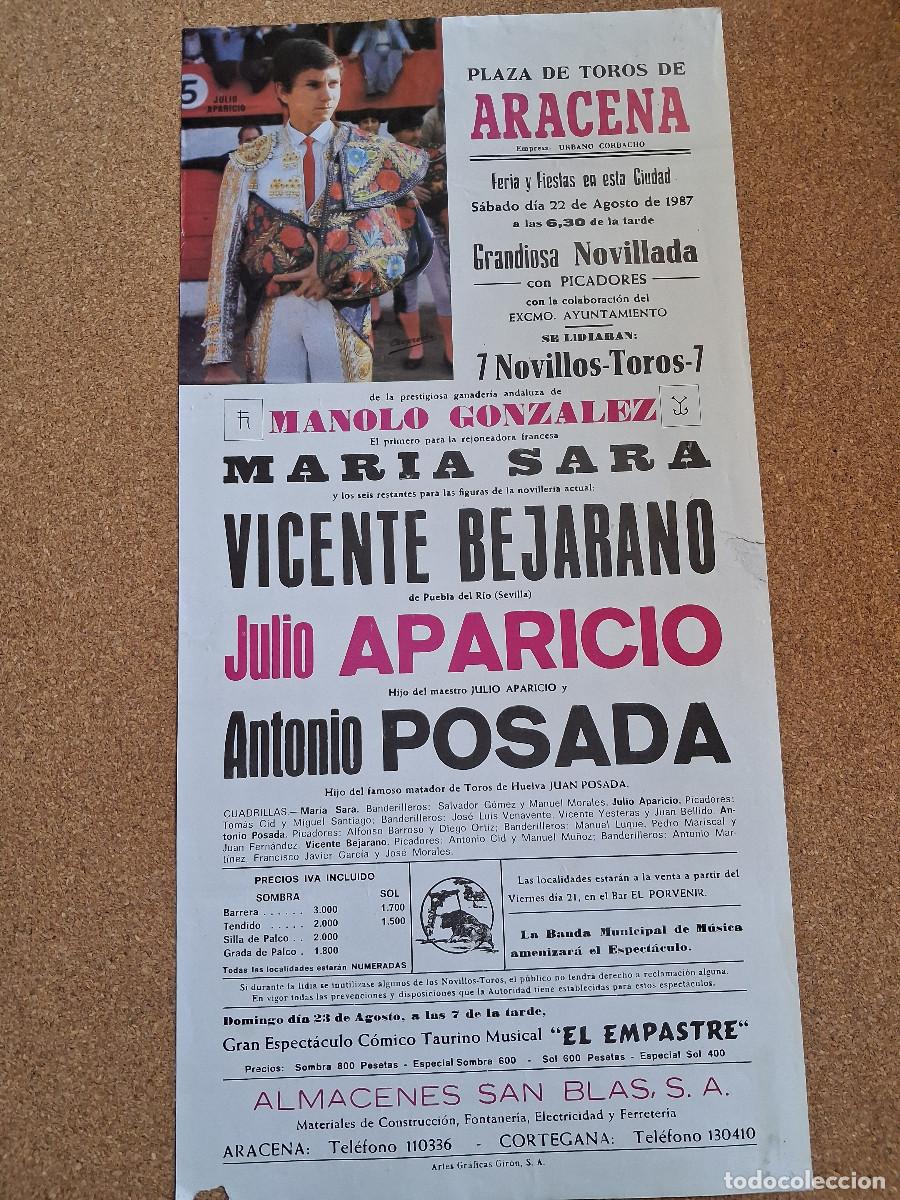 Carteles toros: Cartel de toros. Aracena. 22 agosto 1987. Vicente Bejarano, Julio Aparicio, Antonio Posada.