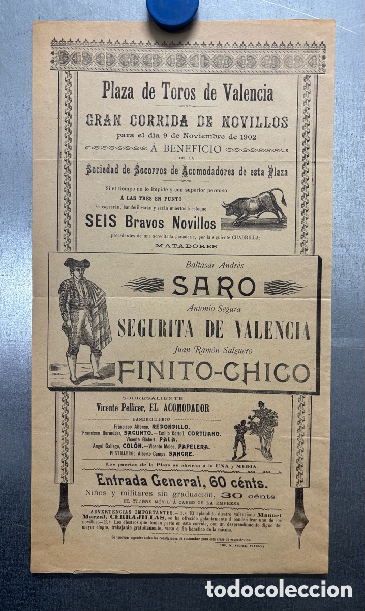 Carteles toros: CARTEL TOROS VALENCIA, A&Ntilde;O 1902 - BALTASAR ANDRES SARO, SEGURITA DE VALENCIA, FINITO-CHICO