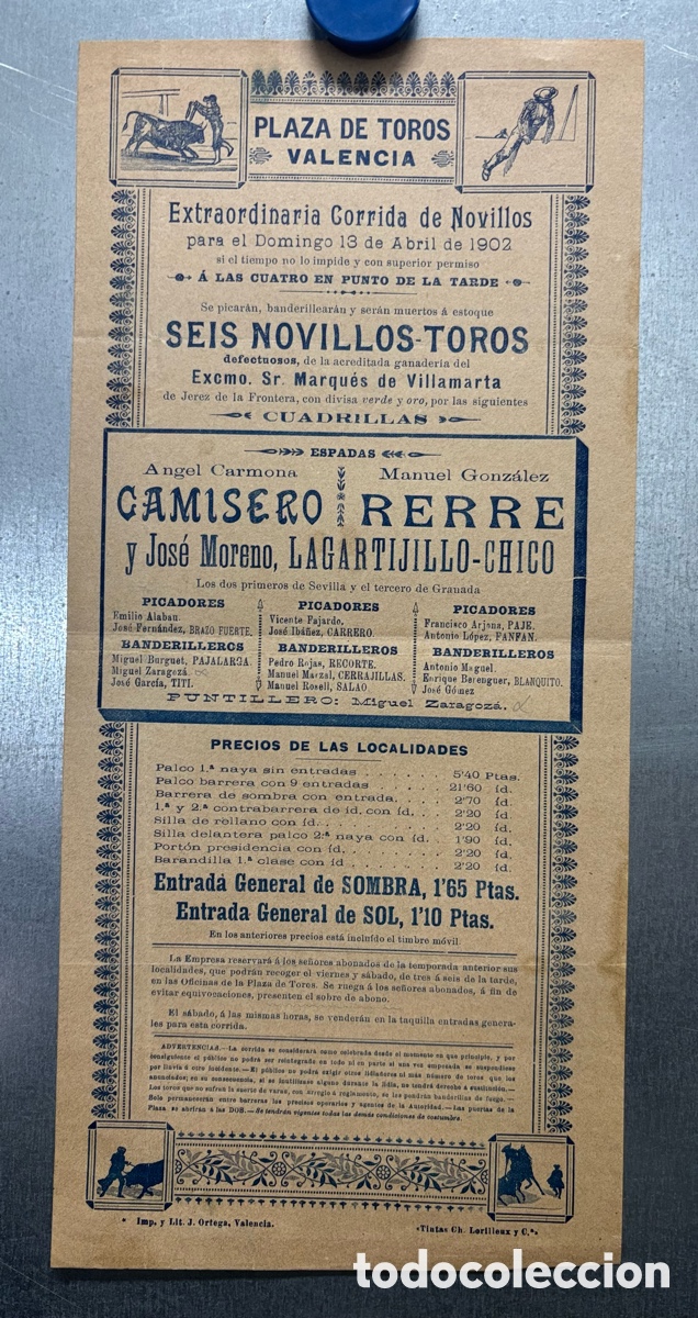 Carteles toros: CARTEL TOROS VALENCIA, A&Ntilde;O 1902 - ANGEL CARMONA CAMISERO, RERRE, JOSE MORENO LAGARTIJILLO-CHICO