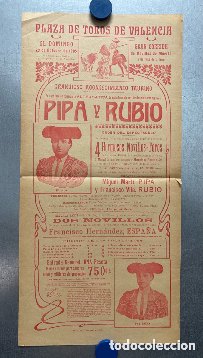 Carteles toros: CARTEL TOROS VALENCIA, A&Ntilde;O 1905 - MIGUEL MARTI PIPA, FRANCISCO VILA RUBIO - ALTERNATIVA
