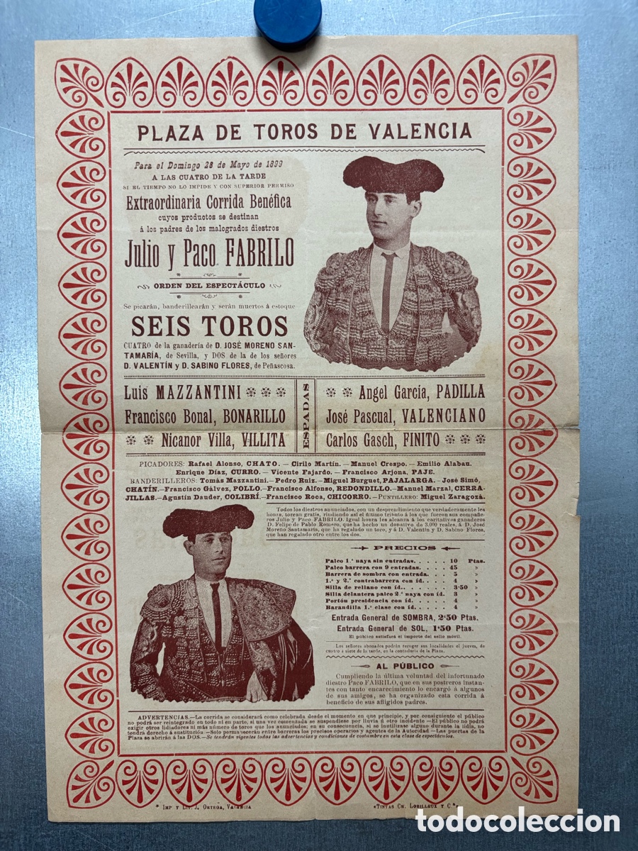 Carteles toros: CARTEL TOROS VALENCIA, A&Ntilde;O 1899 - MAZZANTINI, BONARILLO, VILLITA, PADILLA, VALENCIANO, FINITO
