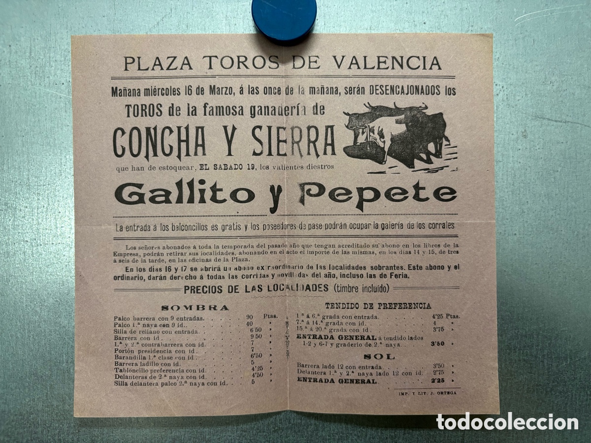 Carteles toros: CARTEL TOROS VALENCIA, PRINCIPIO A&Ntilde;OS 1900 - GALLITO Y PEPETE, TOROS CONCHA Y SIERRA