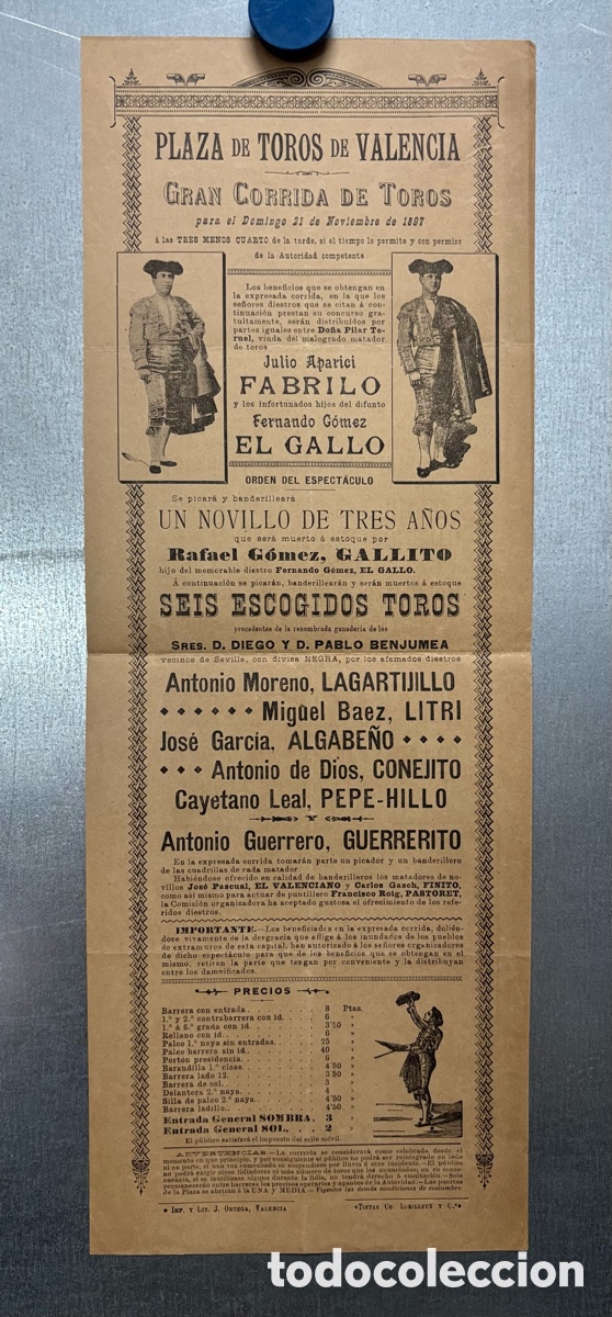 Carteles toros: CARTEL TOROS VALENCIA, A&Ntilde;O 1897, RAFAEL GOMEZ GALLITO, LAGARTIJILLO, LITRI, ALGABE&Ntilde;O, CONEJITO