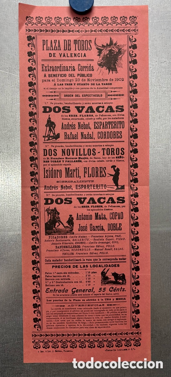 Carteles toros: CARTEL TOROS VALENCIA, A&Ntilde;O 1902, ESPARTERITO, CORDOBES, FLORES, COPAO, DOBLE