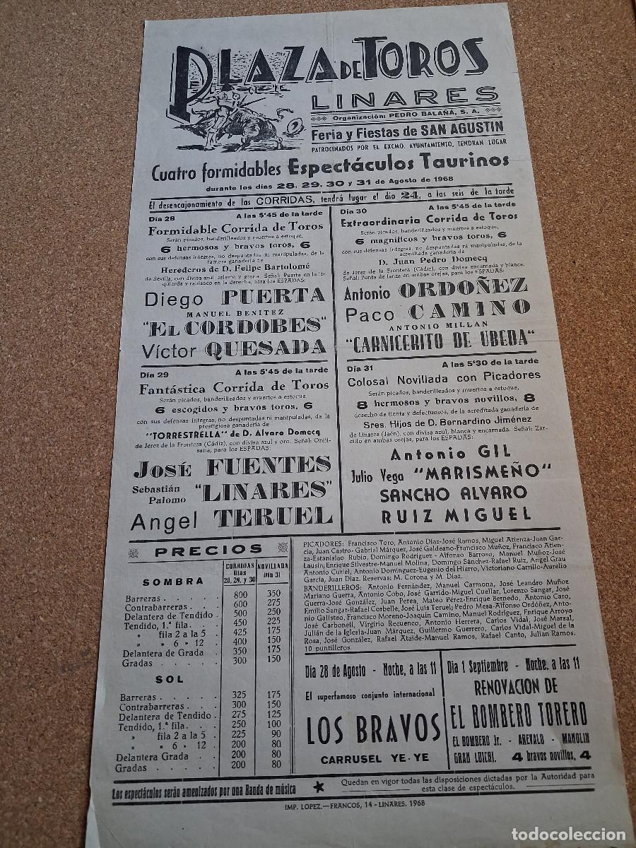 Carteles toros: Cartel de toros. Linares. 28 a 31 agosto 1968. Feria y fiestas de San Agust&iacute;n.