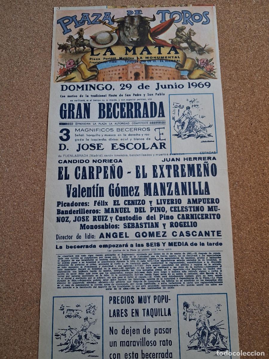 Carteles toros: Cartel de toros. La Mata. 29 junio 1969. Gran becerrada. El Carpe&ntilde;o, El Extreme&ntilde;o, Manzanilla.