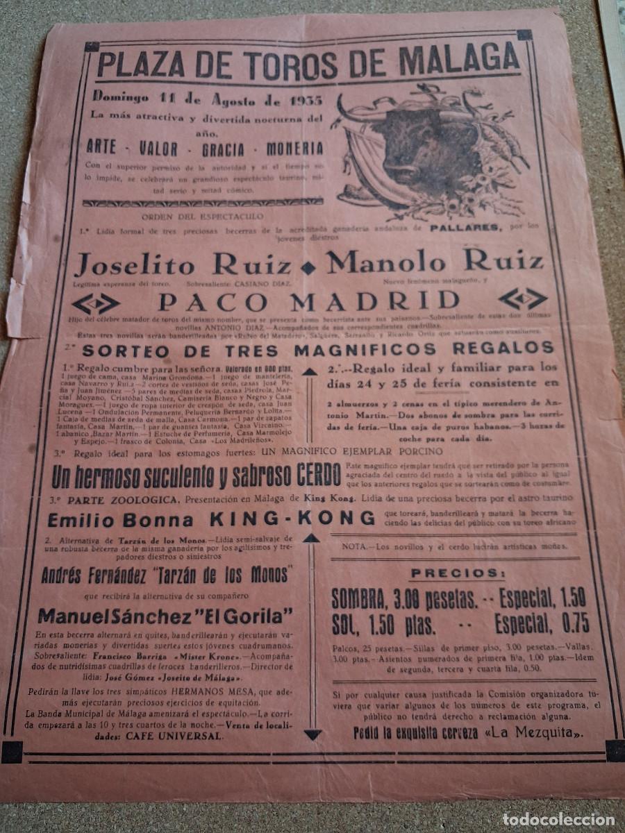 Carteles toros: Cartel de toros. M&aacute;laga. 11 agosto 1935. Becerrada nocturna. Joselito Ruiz, Manolo Ruiz, Paco Madrid