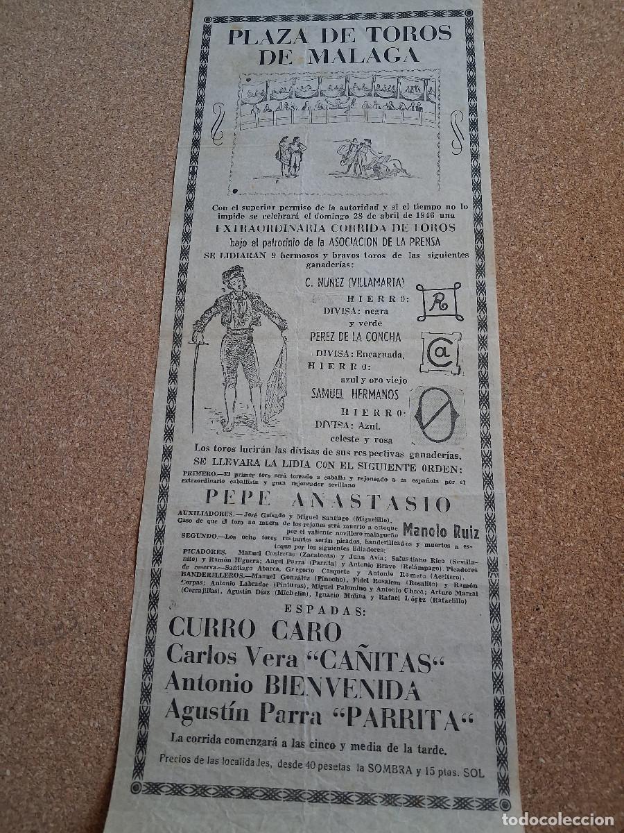 Carteles toros: Cartel de toros. M&aacute;laga. 28 abril 1946. Corrida de la Asociaci&oacute;n de la Prensa.