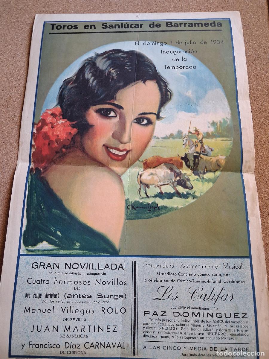 Carteles toros: Cartel de toros. Sanl&uacute;car de Barrameda. 1 julio 1934. Gran novillada.