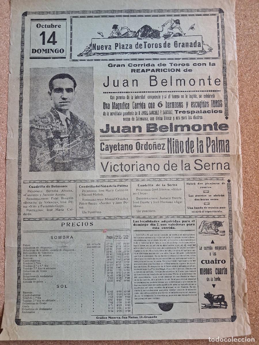 Carteles toros: Cartel de toros. Granada. 14 octubre 1934. Reaparici&oacute;n de Juan Belmonte.