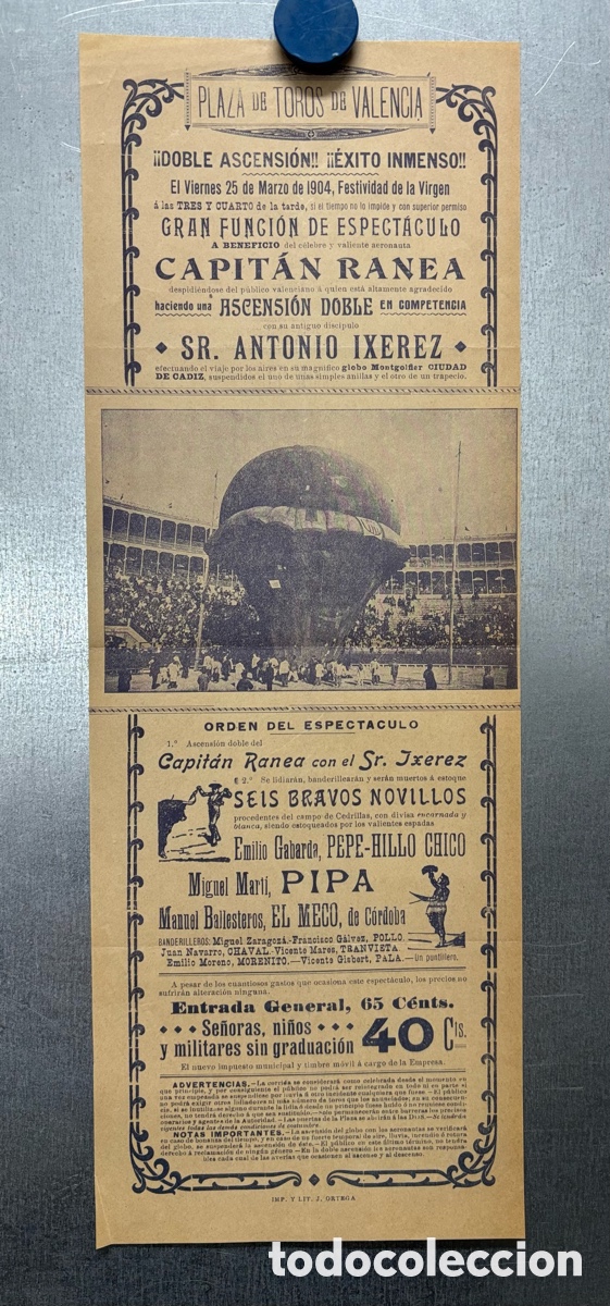 Carteles toros: CARTEL TOROS VALENCIA, A&Ntilde;O 1904 - PEPE-HILLO CHICO, PIPA, EL MECO