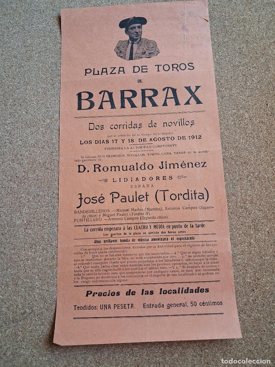 Carteles toros: Cartel de toros. Barrax. 17 y 18 agosto 1912. Dos novilladas. Jos&eacute; Paulet (Tordita)