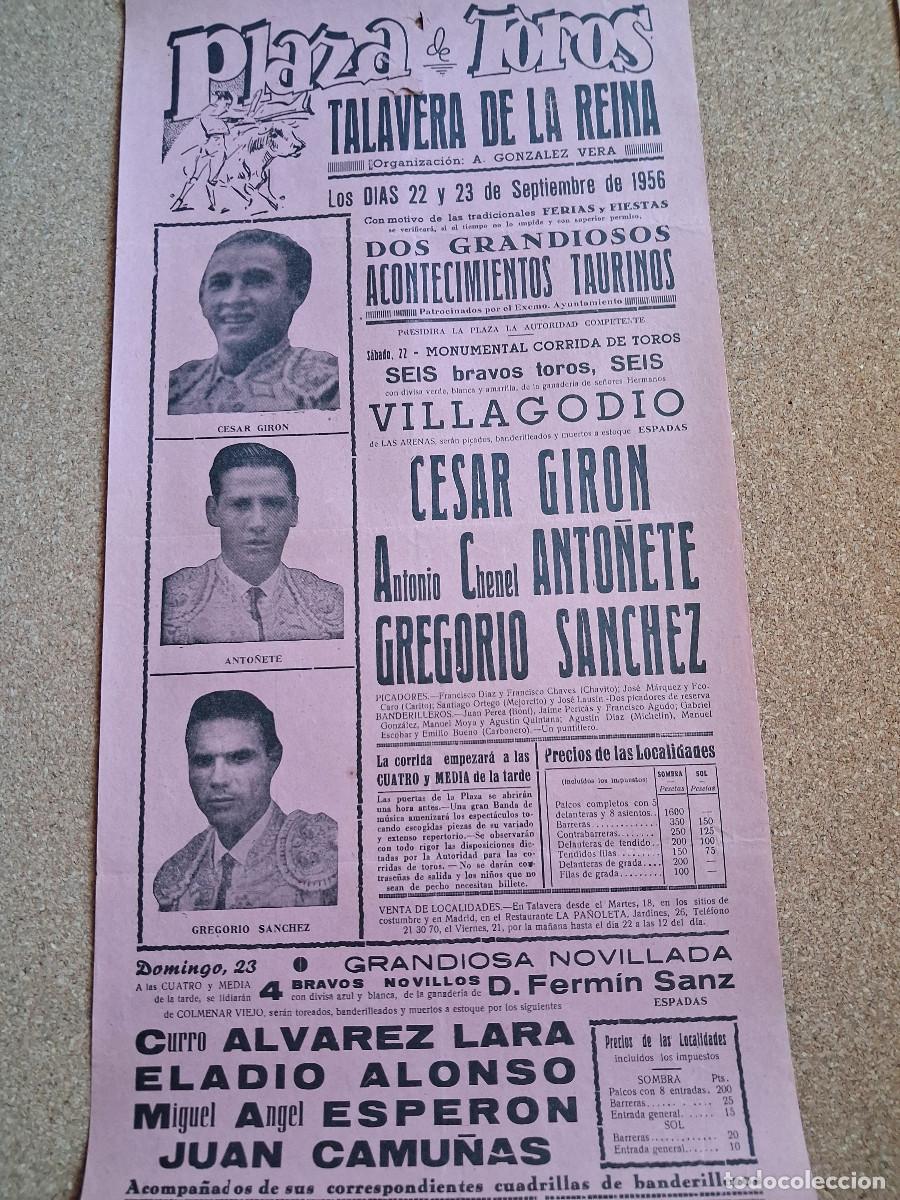 Carteles toros: Cartel de toros. Talavera de la Reina. 22 y 23 septiembre 1956. Corrida y novillada.