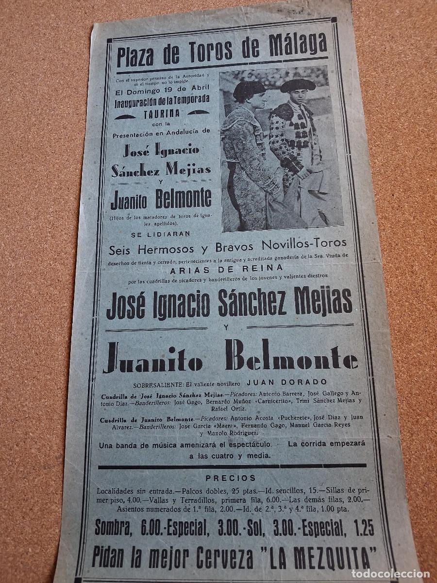 Carteles toros: Cartel de toros. M&aacute;laga. 19 abril 1942. Presentaci&oacute;n de Jos&eacute; I. S&aacute;nchez Mej&iacute;as y Juanito Belmonte