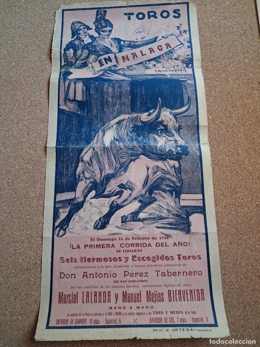 Carteles toros: Cartel de toros. M&aacute;laga. 16 febrero 1930. Marcial Lalanda y Manuel Mej&iacute;as Bienvenida mano a mano.