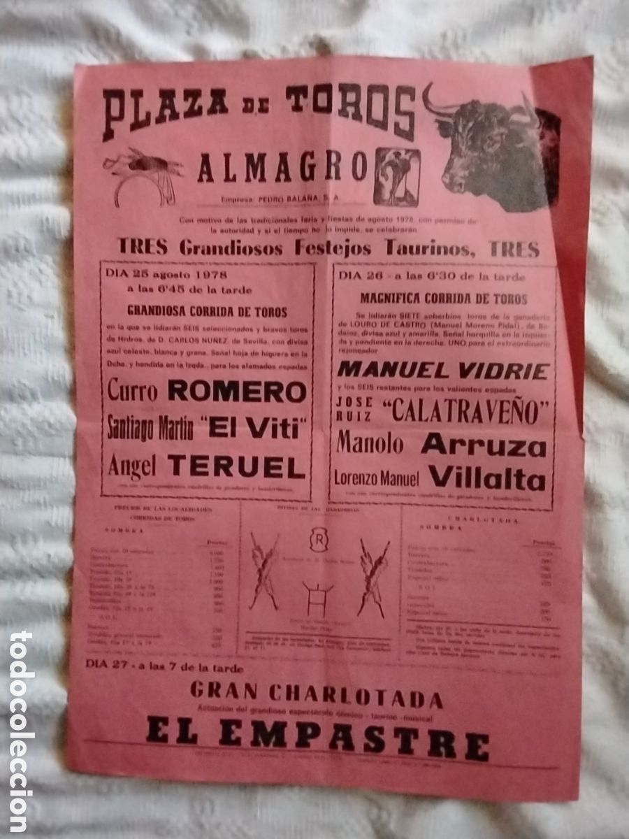 Carteles toros: CARTEL TOROS DE ALMAGRO FERIAS Y FIESTAS 1978