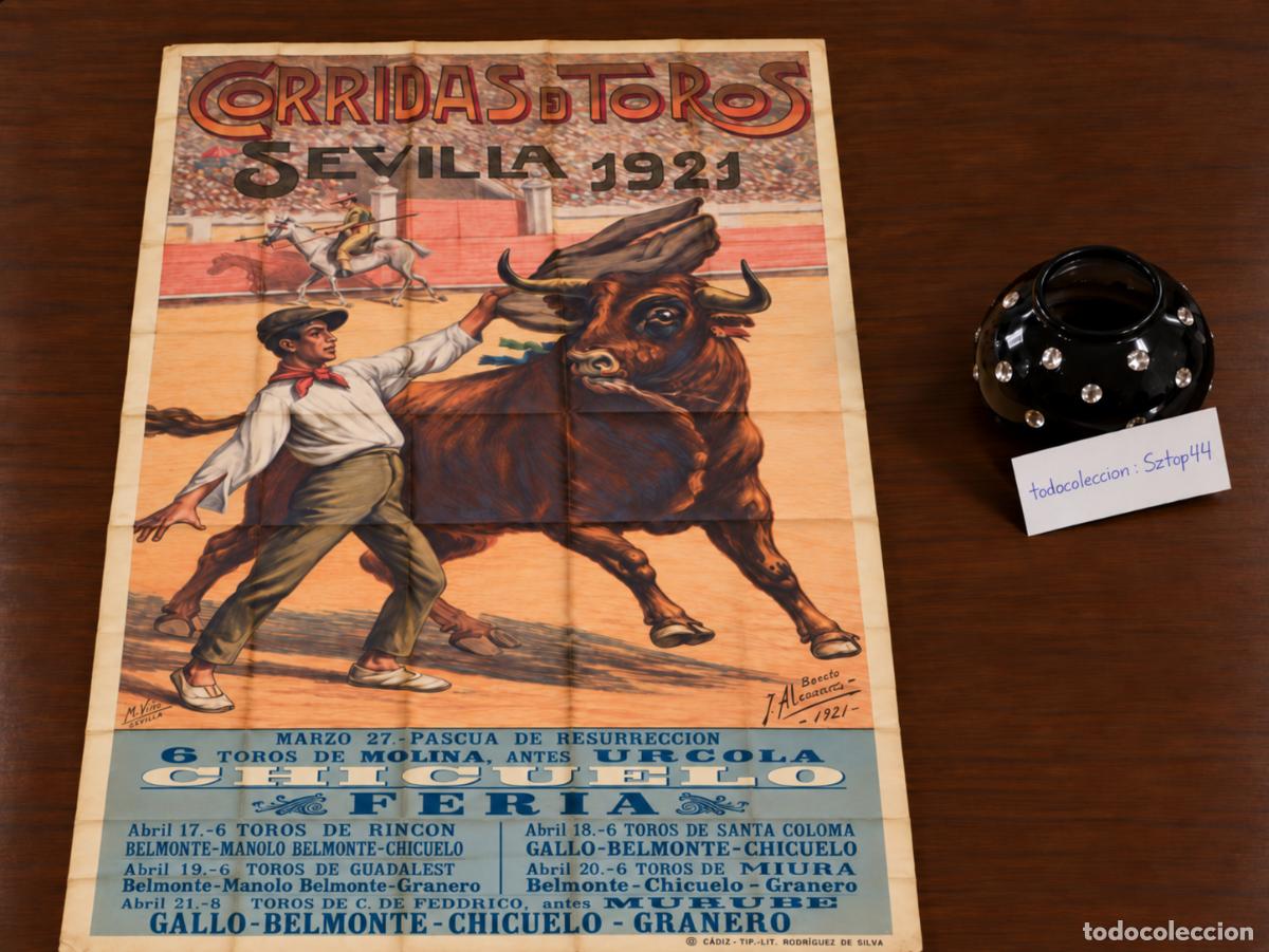 Carteles toros: Cartel Original Taurino Sevilla 1921 - Feria de Abril Toros - Chicuelo Gallo Belmonte - Alca&ntilde;iz