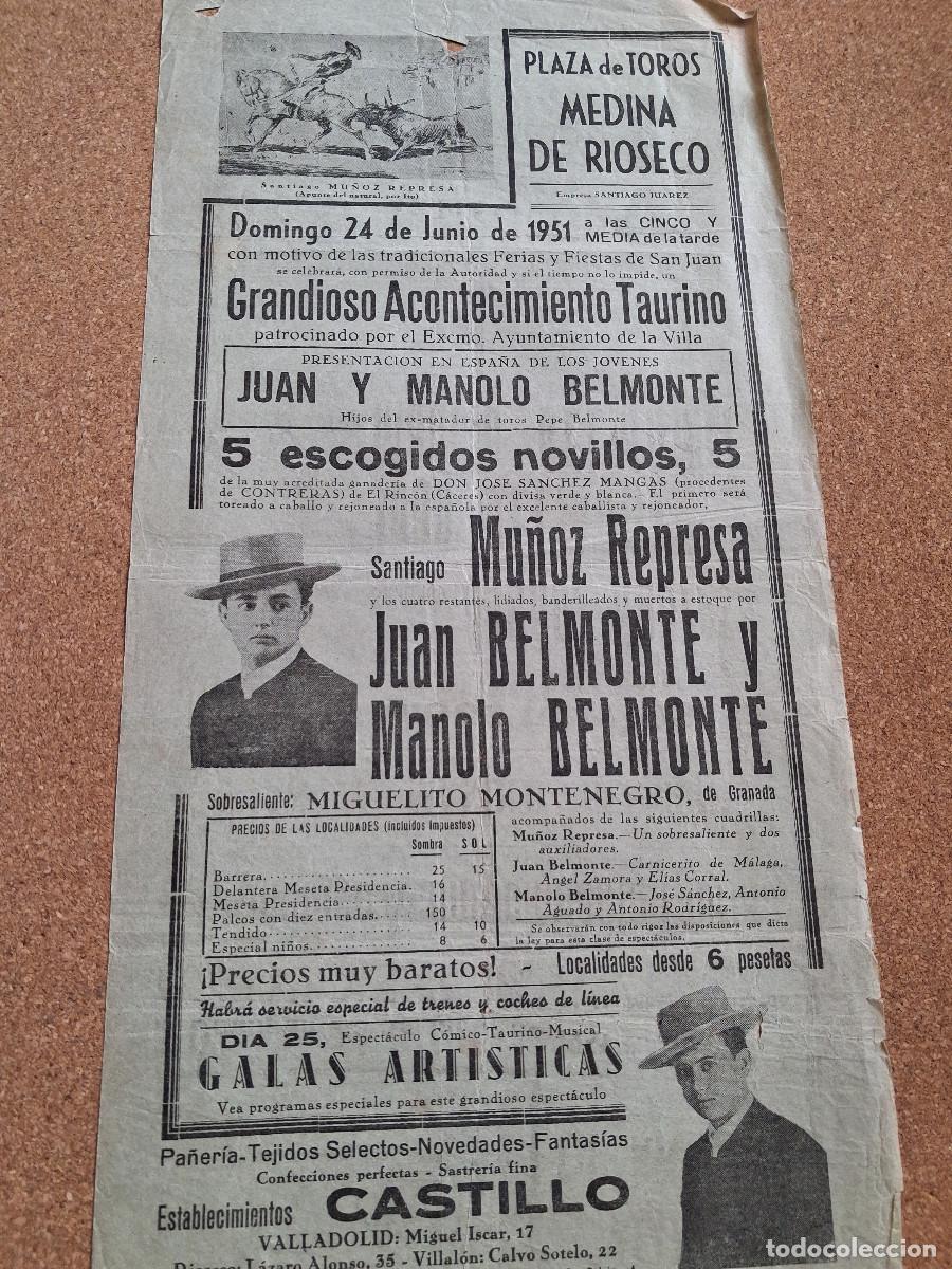 Carteles toros: Cartel de toros. Medina de Rioseco. 24 junio 1951. Presentaci&oacute;n de Juan y Manolo Belmonte.