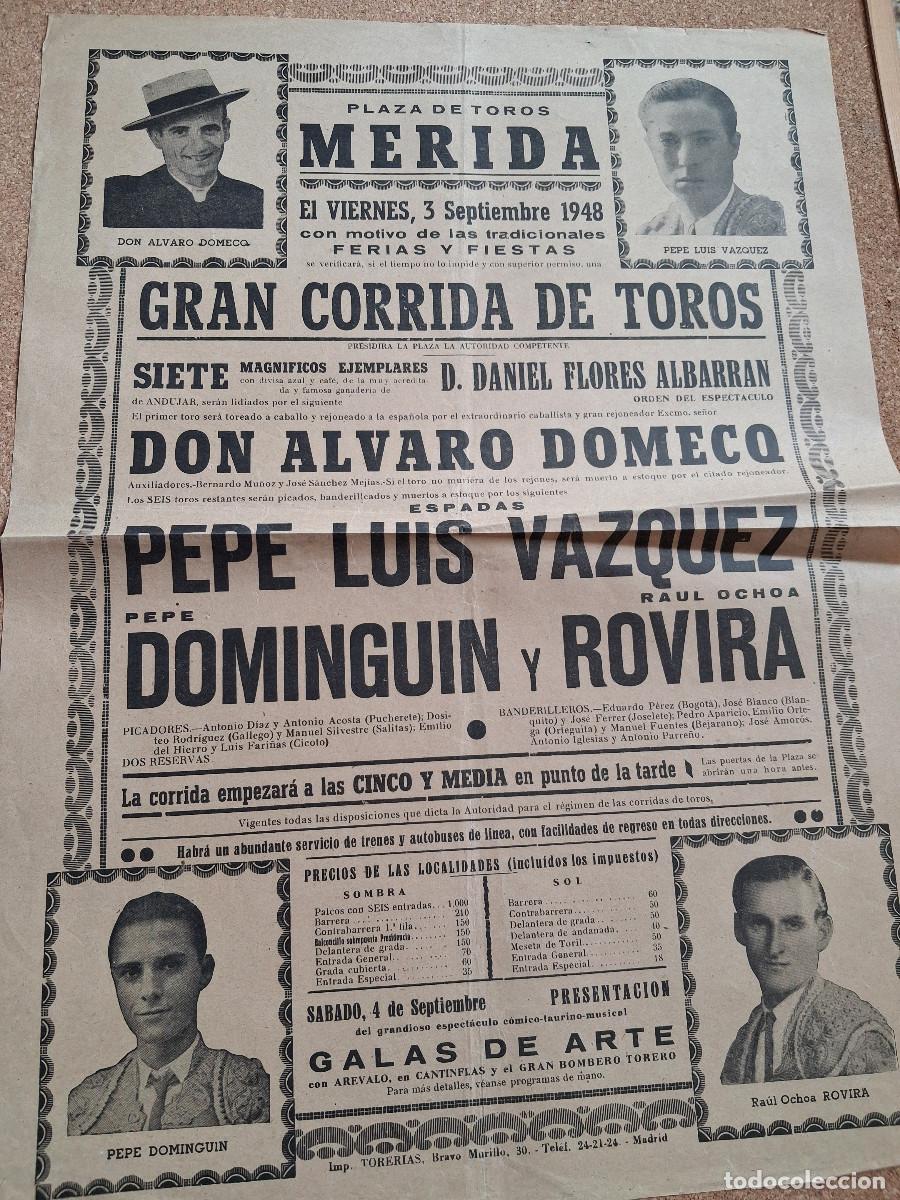Carteles toros: Cartel de toros. M&eacute;rida. 3 septiembre 1948. Pepe Luis V&aacute;zquez, Pepe Domingu&iacute;n, Ra&uacute;l Ochoa Rovira.