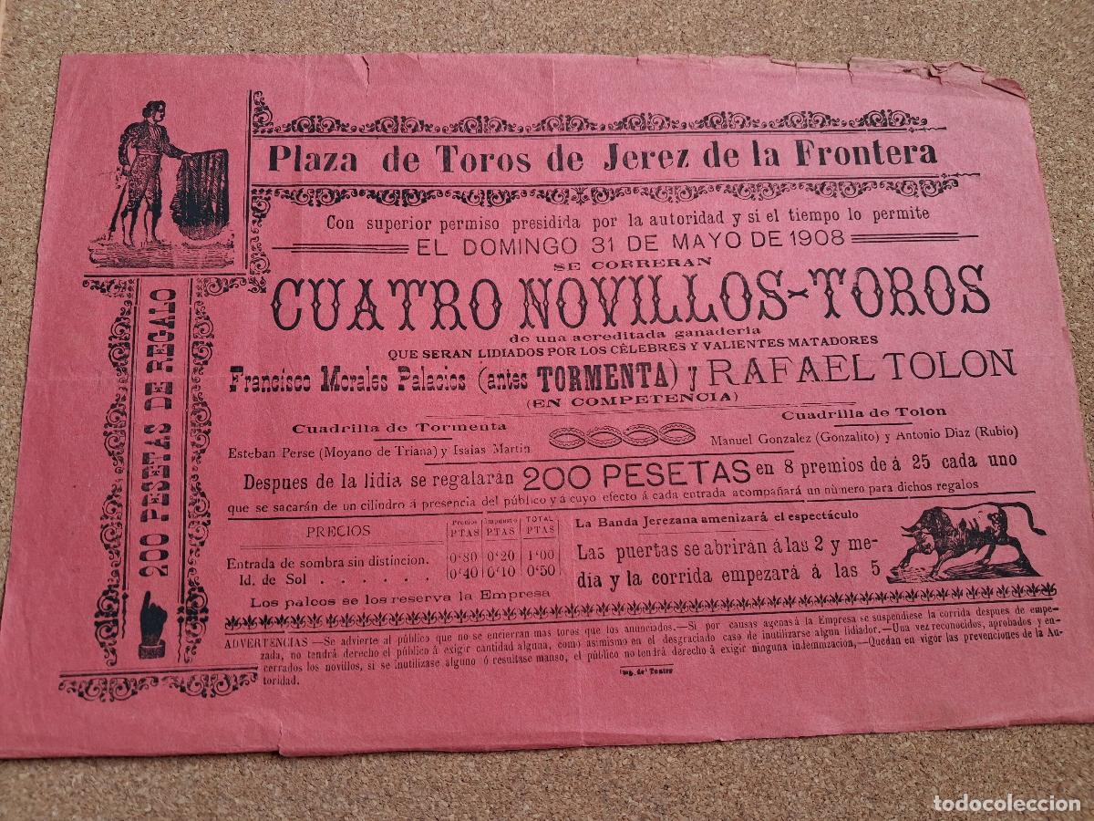 Carteles toros: Cartel de toros. Jerez de la Frontera. 31 mayo 1908. Francisco Morales Palacios y Rafael Tol&oacute;n.