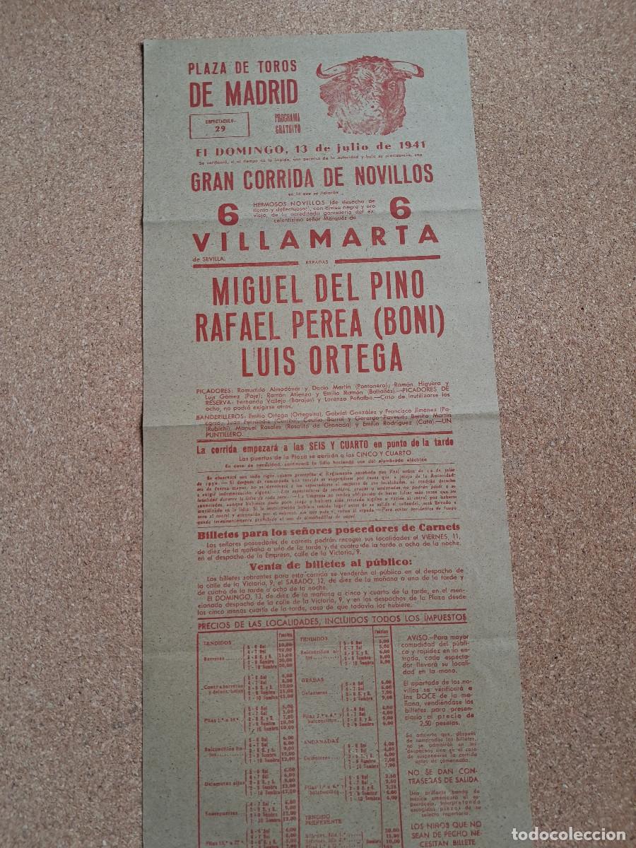 Carteles toros: Cartel de toros. Madrid. 13 julio 1941. Miguel del Pino, Rafael Perea (Boni) y Luis Ortega.