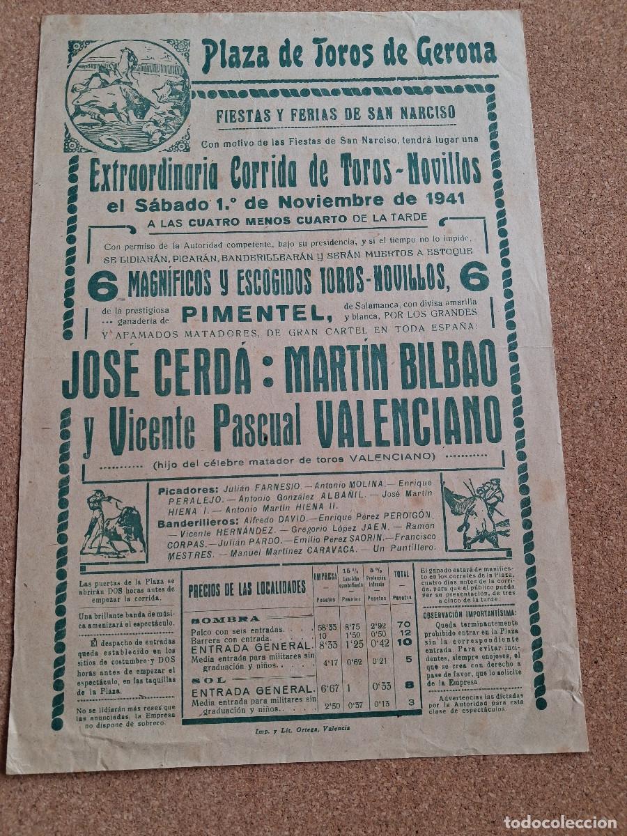 Carteles toros: Cartel de toros. Gerona. 1 noviembre 1941. Jos&eacute; Cerd&aacute;, Mart&iacute;n Bilbao, Vicente Pascual Valenciano