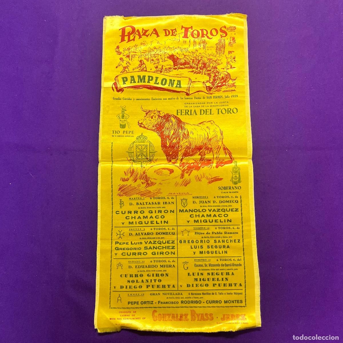 Plakate Stiere: CARTEL DE TOROS EN TELA DE FIESTAS DE SAN FERMIN. PAMPLONA. A&Ntilde;O 1959.