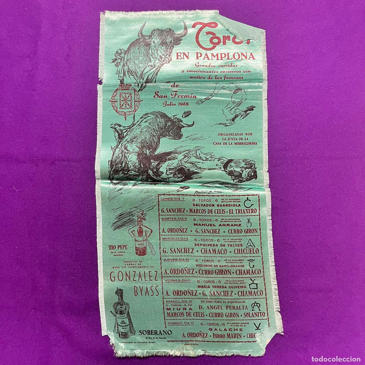 Plakate Stiere: CARTEL DE TOROS EN TELA DE FIESTAS DE SAN FERMIN. PAMPLONA. A&Ntilde;O 1958.