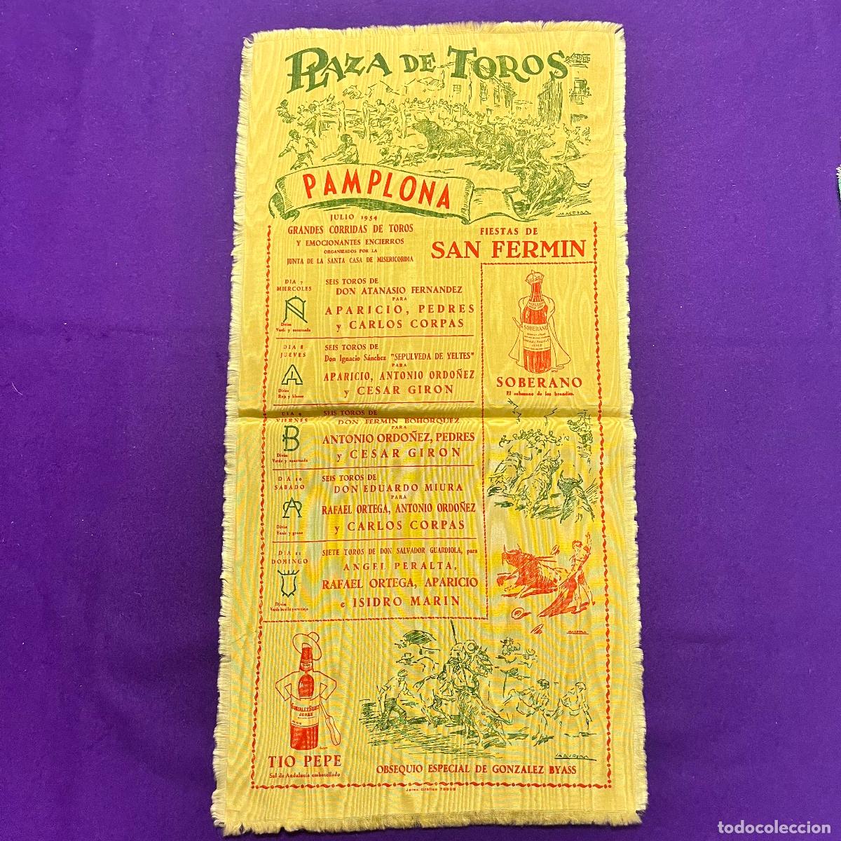 Plakate Stiere: CARTEL DE TOROS EN TELA DE FIESTAS DE SAN FERMIN. PAMPLONA. A&Ntilde;O 1954.