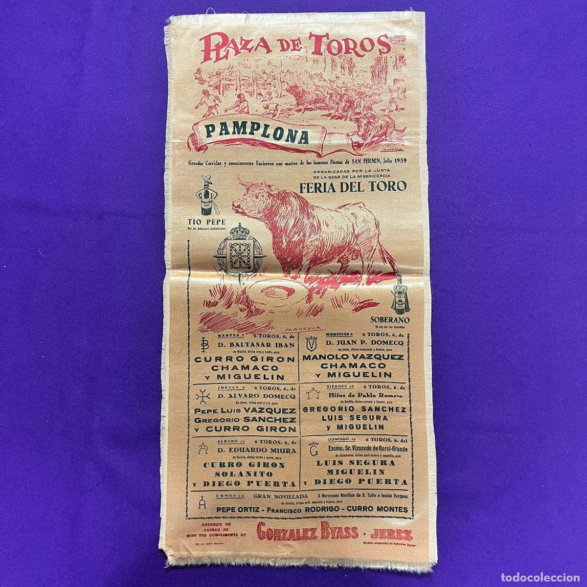 Plakate Stiere: CARTEL DE TOROS EN TELA DE FIESTAS DE SAN FERMIN. PAMPLONA. A&Ntilde;O 1959.