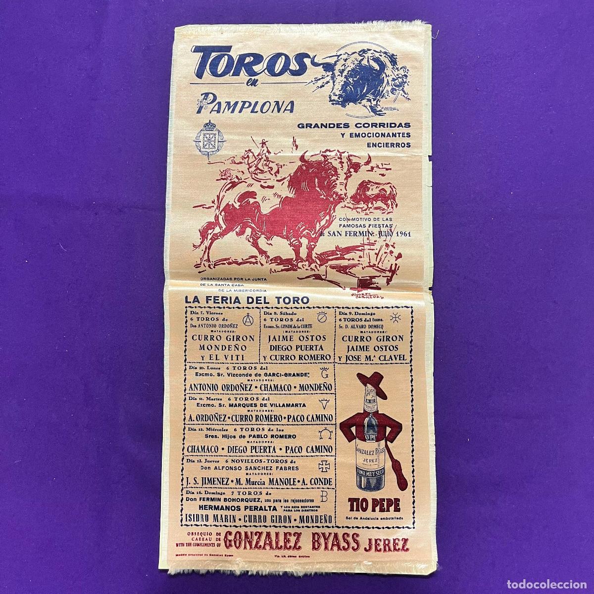 Plakate Stiere: CARTEL DE TOROS EN TELA DE FIESTAS DE SAN FERMIN. PAMPLONA. A&Ntilde;O 1961.