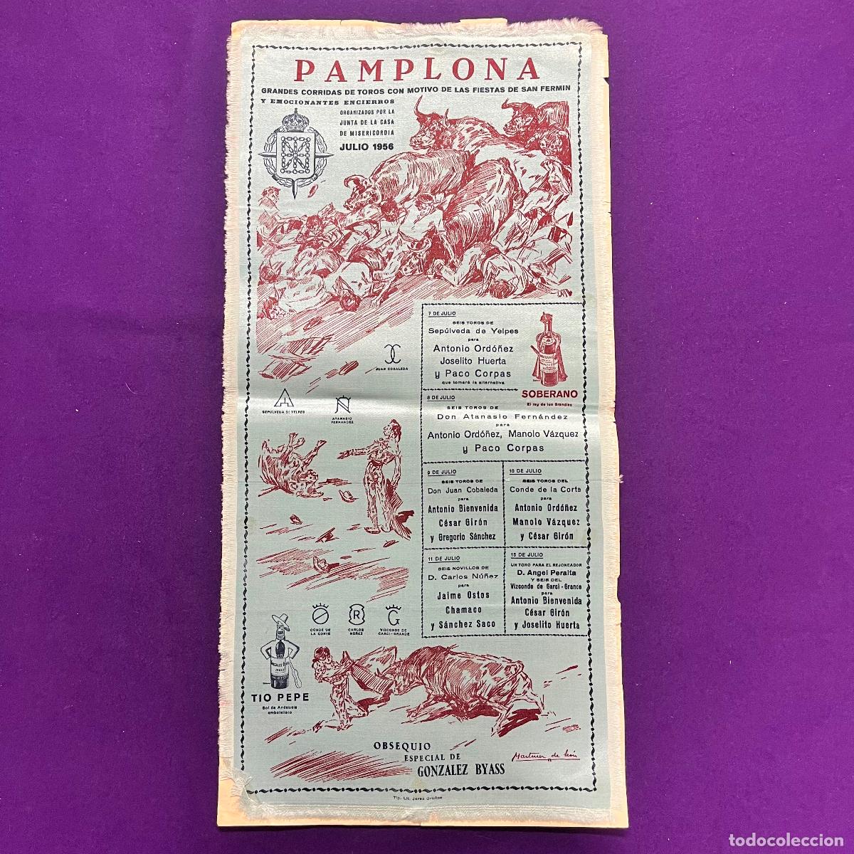 Plakate Stiere: CARTEL DE TOROS EN TELA DE FIESTAS DE SAN FERMIN. PAMPLONA. A&Ntilde;O 1956.