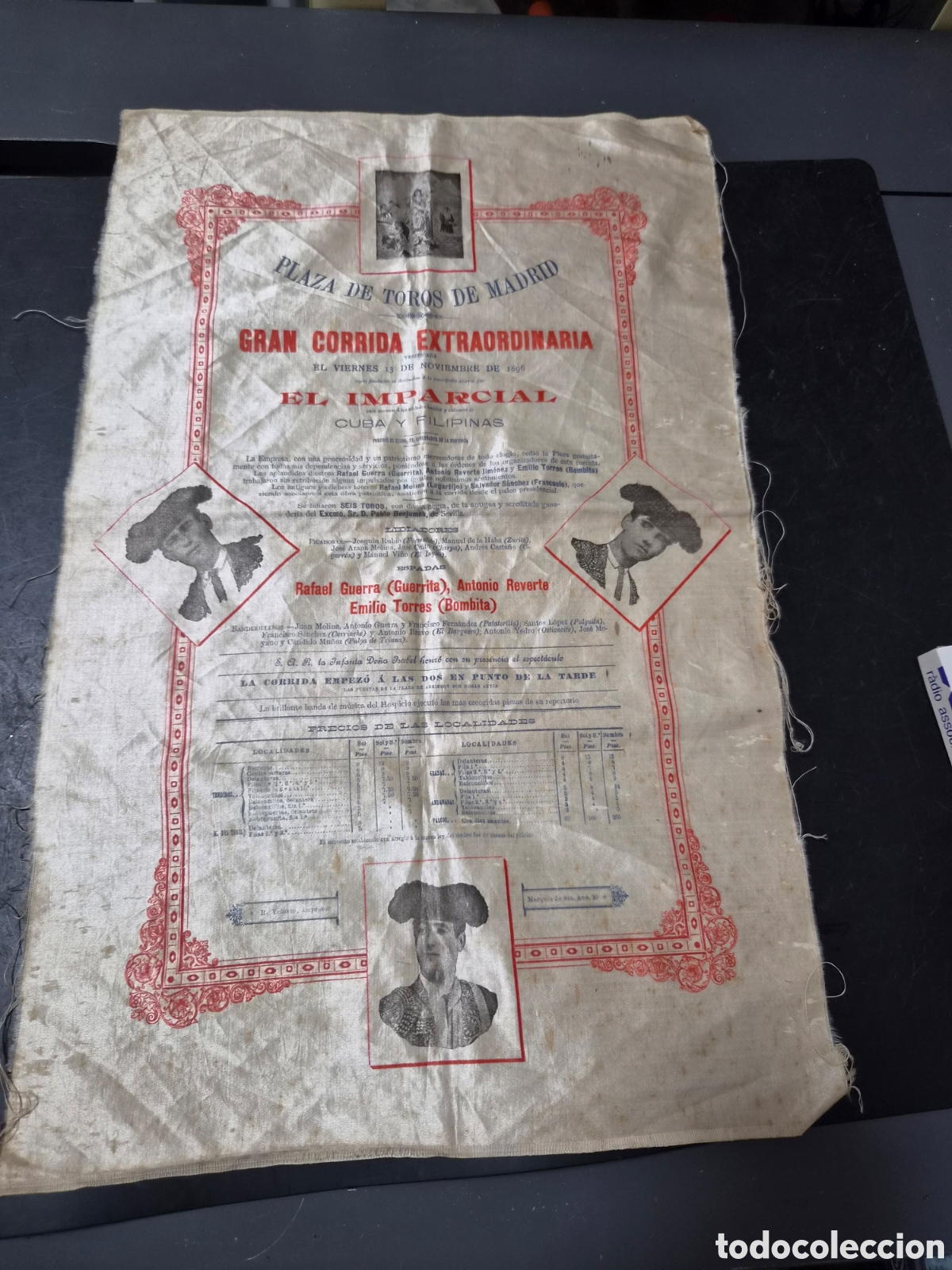 Carteles toros: CARTEL DE TOROS HIST&Oacute;RICO EN TELA A&Ntilde;O 1896 SOLDADOS HERIDOS Y ENFERMOS DE CUBA Y FILIPINAS ORIGINAL