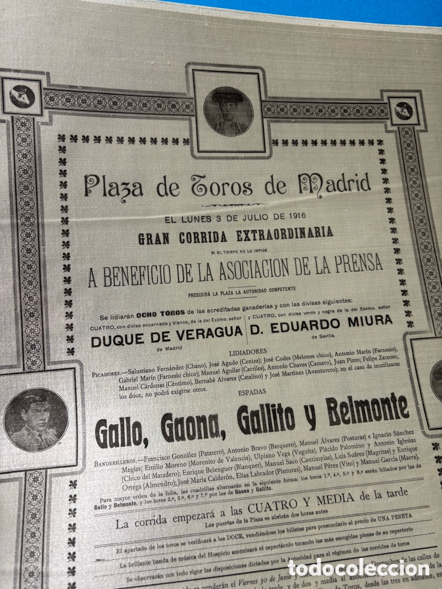 Affissi Tauromachia: CARTEL TOROS SEDA MADRID 3 JULIO 1916. GALLITO, BELMONTE... VERAGUA, MIURA 49X35 CM APR&Oacute;X.