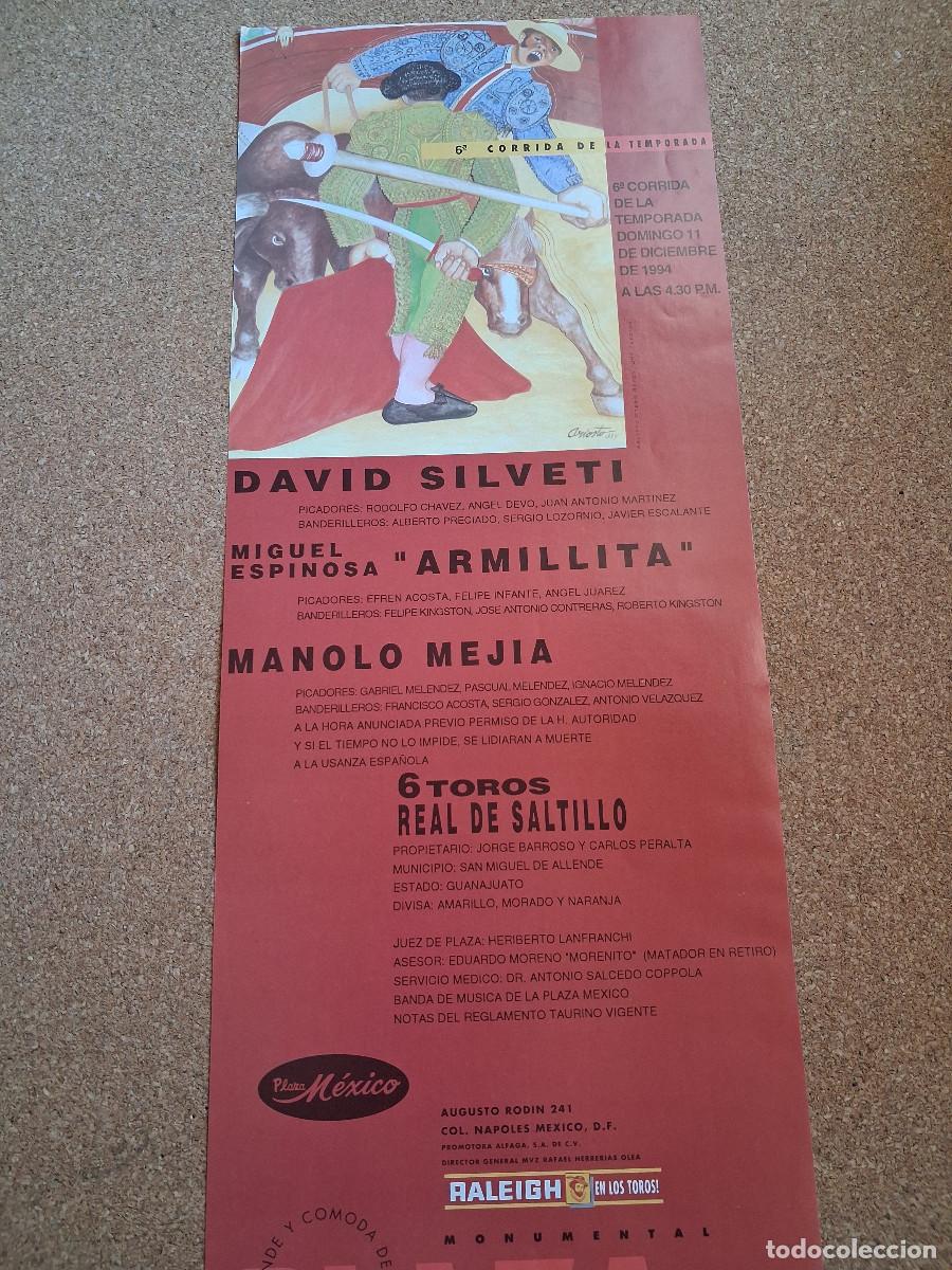 Carteles toros: Cartel de toros. M&eacute;xico. 11 diciembre 1994. David Silveti, Miguel Espinosa Armillita, Manolo Mej&iacute;a.