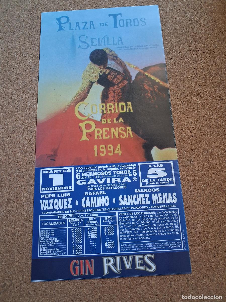 Carteles toros: Cartel de toros. Sevilla. 1 noviembre 1994. Corrida de la Prensa.
