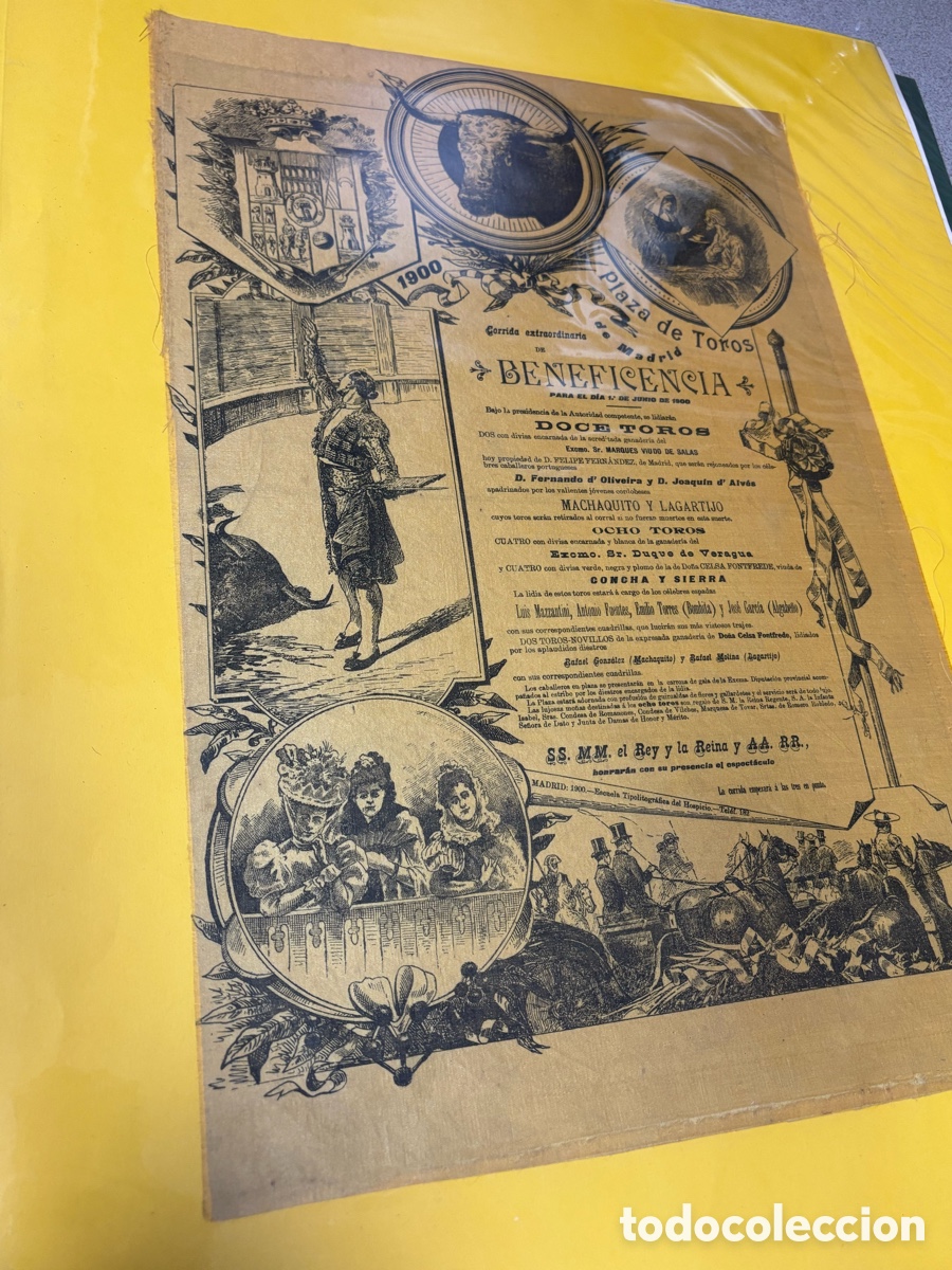 Carteles toros: CARTEL TOROS SEDA BENEFICENCIA MADRID 1 de junio de 1900. VERAGUA, MAZZANTINI, BOMBI 50X34 CM APR&Oacute;X.