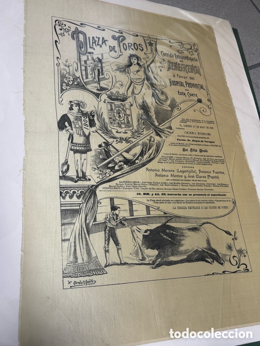 Carteles toros: CARTEL TOROS SEDA BENEFICENCIA MADRID 27 de mayo de 1906. VERAGUA, LAGARTIJO, FUENTE 60X39 CM APR&Oacute;X.