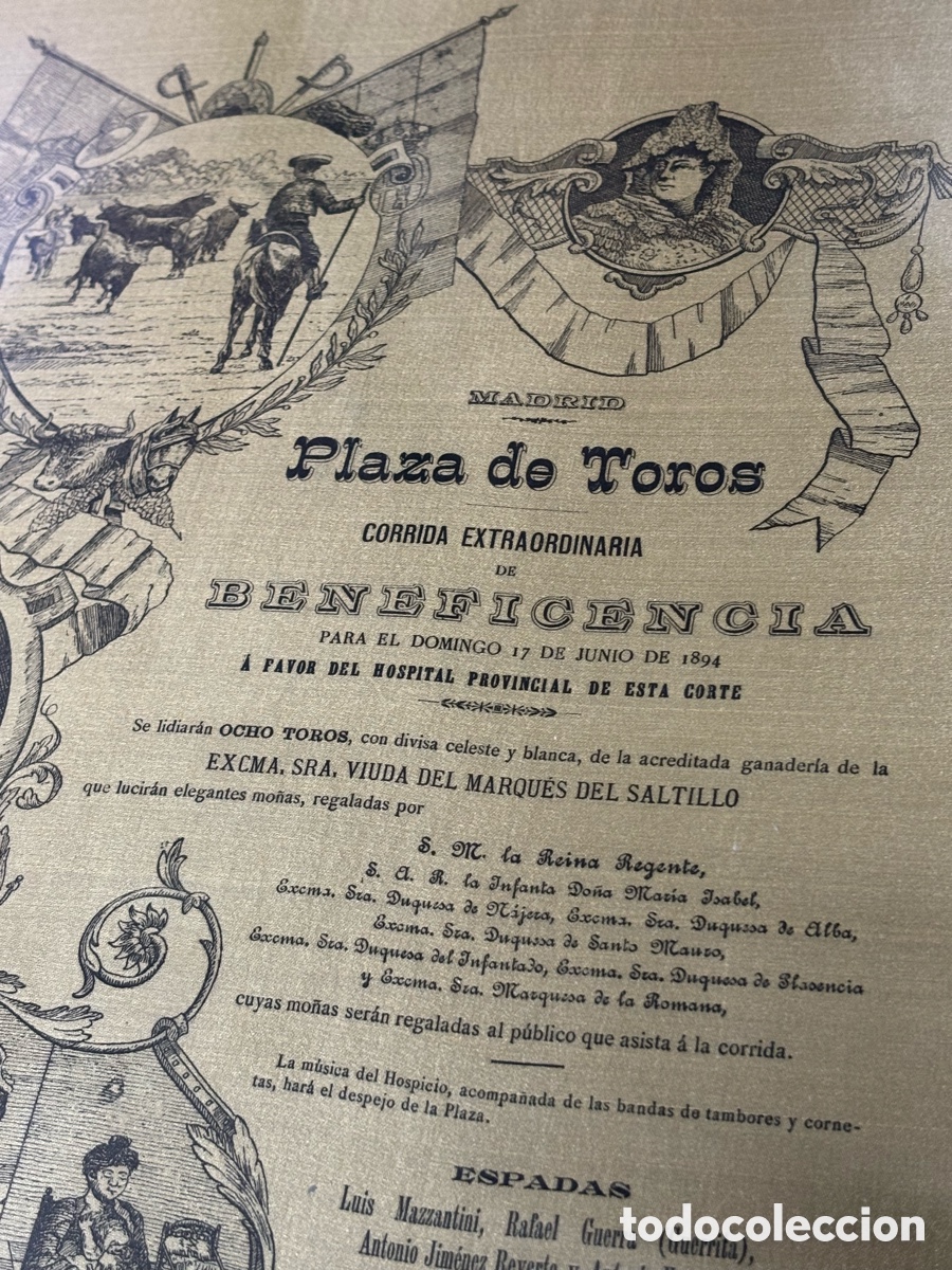 Carteles toros: CARTEL TOROS SEDA BENEFICENCIA MADRID 17 de junio 1894. SALTILLO, MAZZANTINI, GUERRI 60X39 CM APR&Oacute;X.
