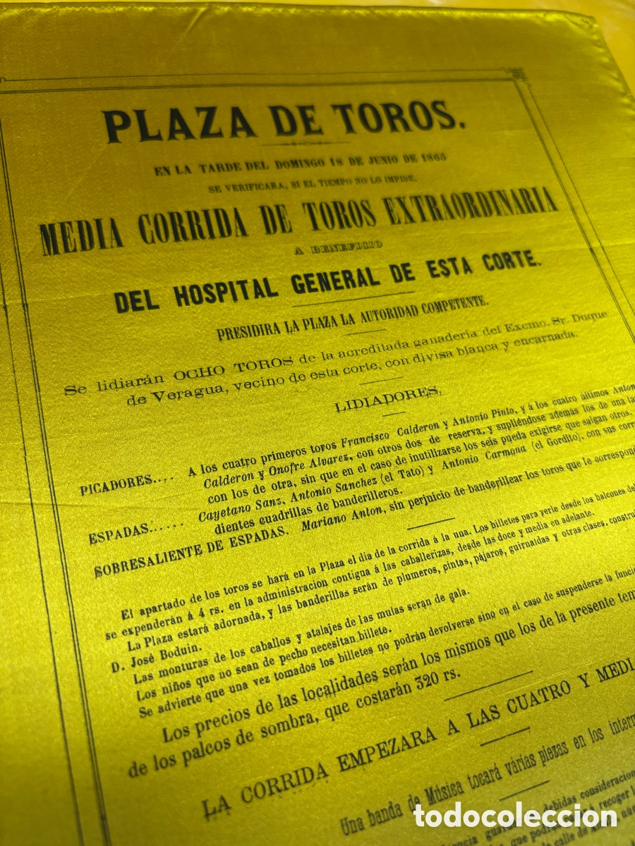 Carteles toros: CARTEL TOROS SEDA MADRID 18 JUNIO 1865. BENEFICENCIA. DUQUE DE VERAGUA. 34X26 CM APR&Oacute;X.