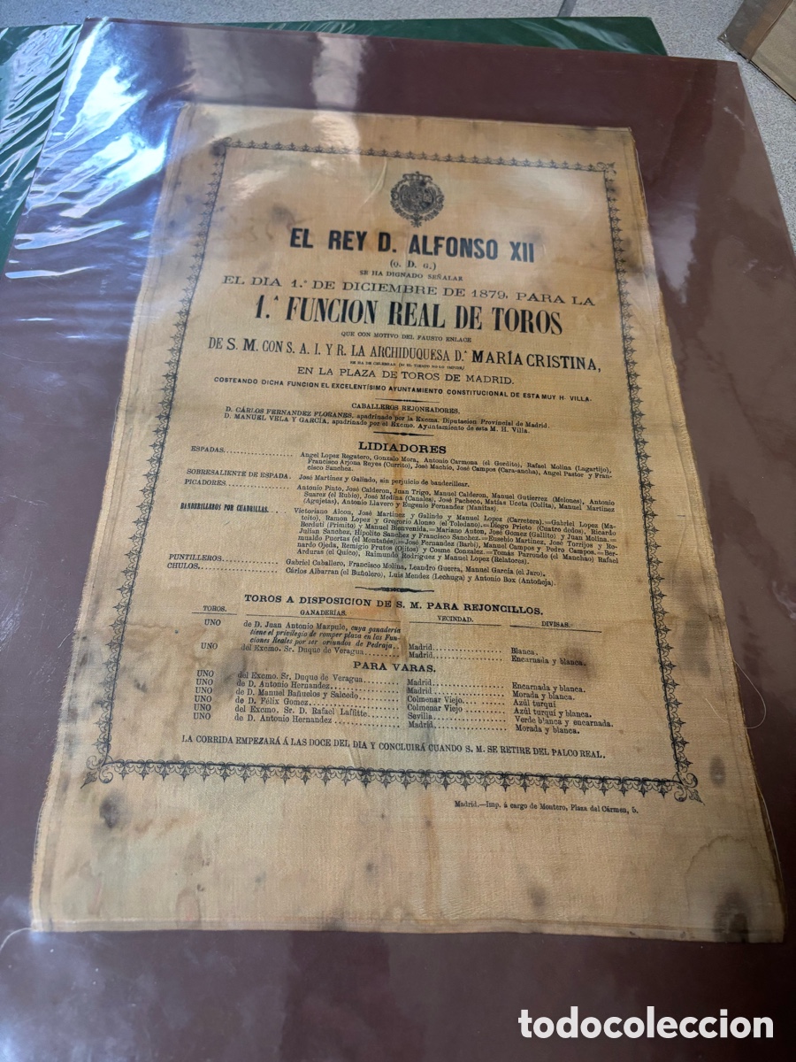 Carteles toros: CARTEL TOROS SEDA MADRID 1 de diciembre de 1879. BODA ALFONSO XII VERAGUA. 50X30 CM APR&Oacute;X.