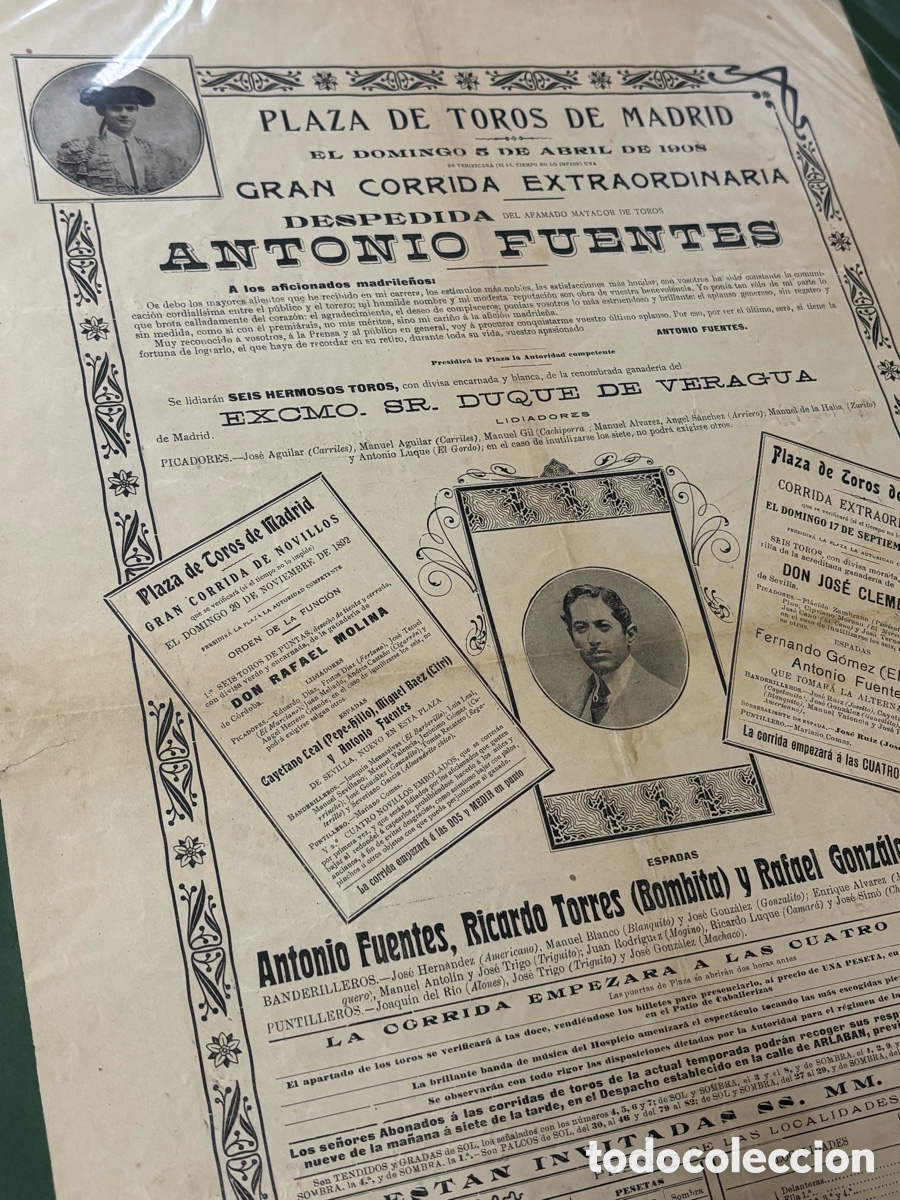 Carteles toros: CARTEL TORO SEDA MADRID 5 DE ABRIL 1908. DESPEDIDA ANTONIO FUENTES. VERAGUA. 51X35 CM APR&Oacute;X.