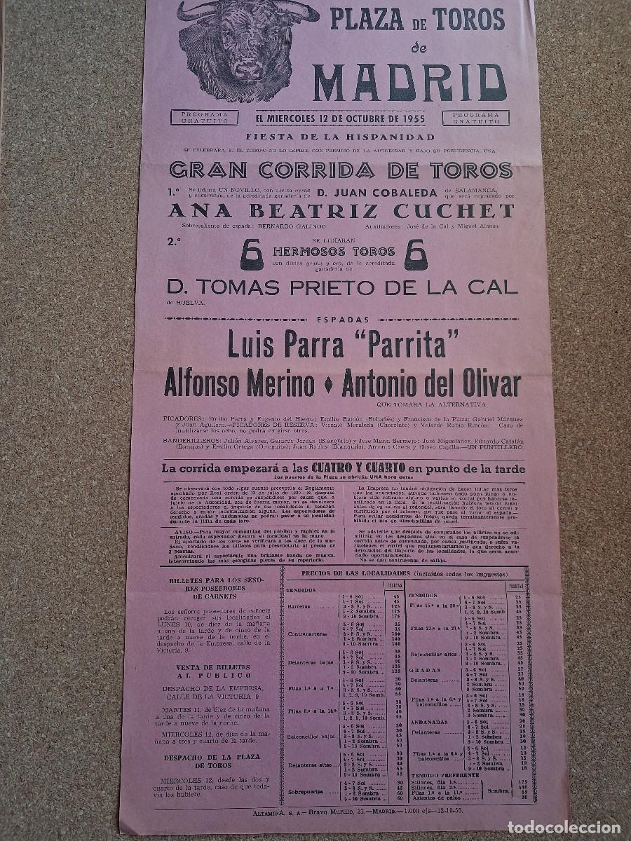 Carteles toros: Cartel de toros. Madrid. 12 octubre 1955. Luis Parra Parrita, Alfonso Merino, Antonio del Olivar