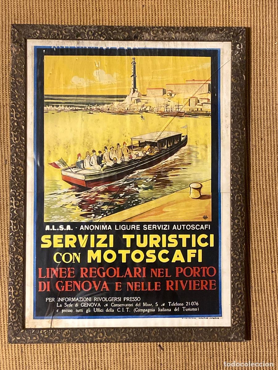 Carteles de transportes: CARTEL SERVIZI TURISTICI CON MOTOSCAFI ALSA ANONIMA LIGURE SERVICE AUTOSCAFI MARCO MADERA 44X66CM