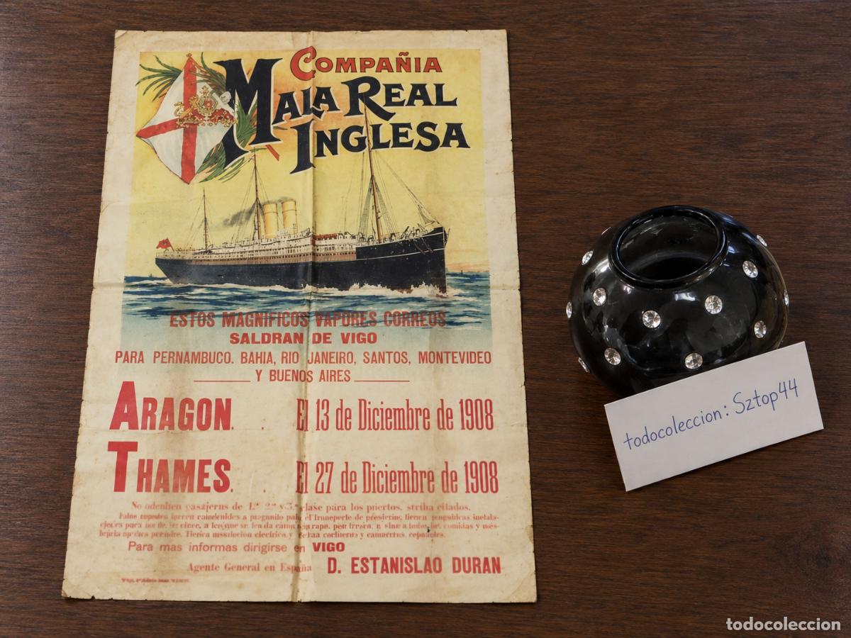 Carteles de transportes: Antiguo Cartel Naviera 1908 - Mala Real Inglesa - Vapores Aragon y Thames - Vigo