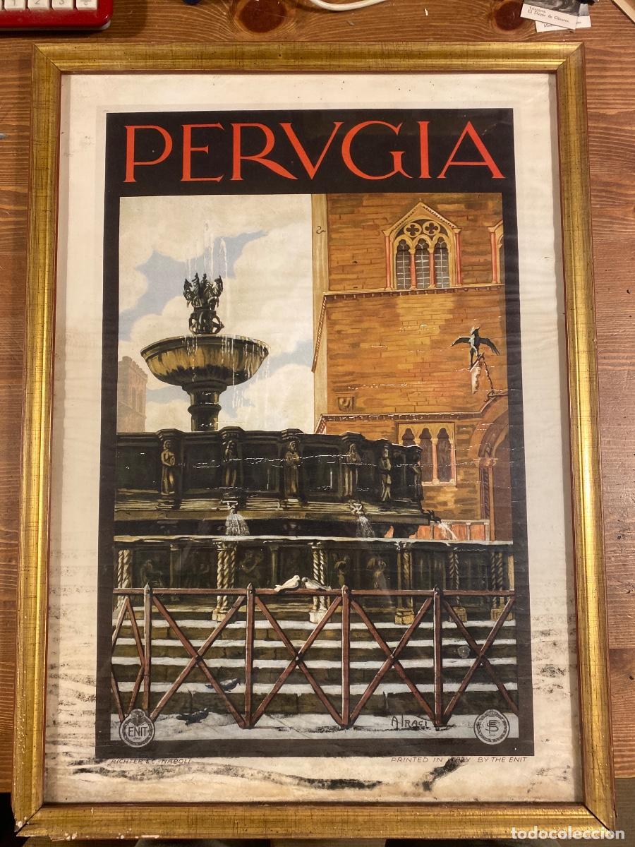 Carteles de turismo: CARTEL PERUGIA A. IRACI ENTE NAZIONALE TURISMO NAPOLI MARCO MADERA 49X36 CM