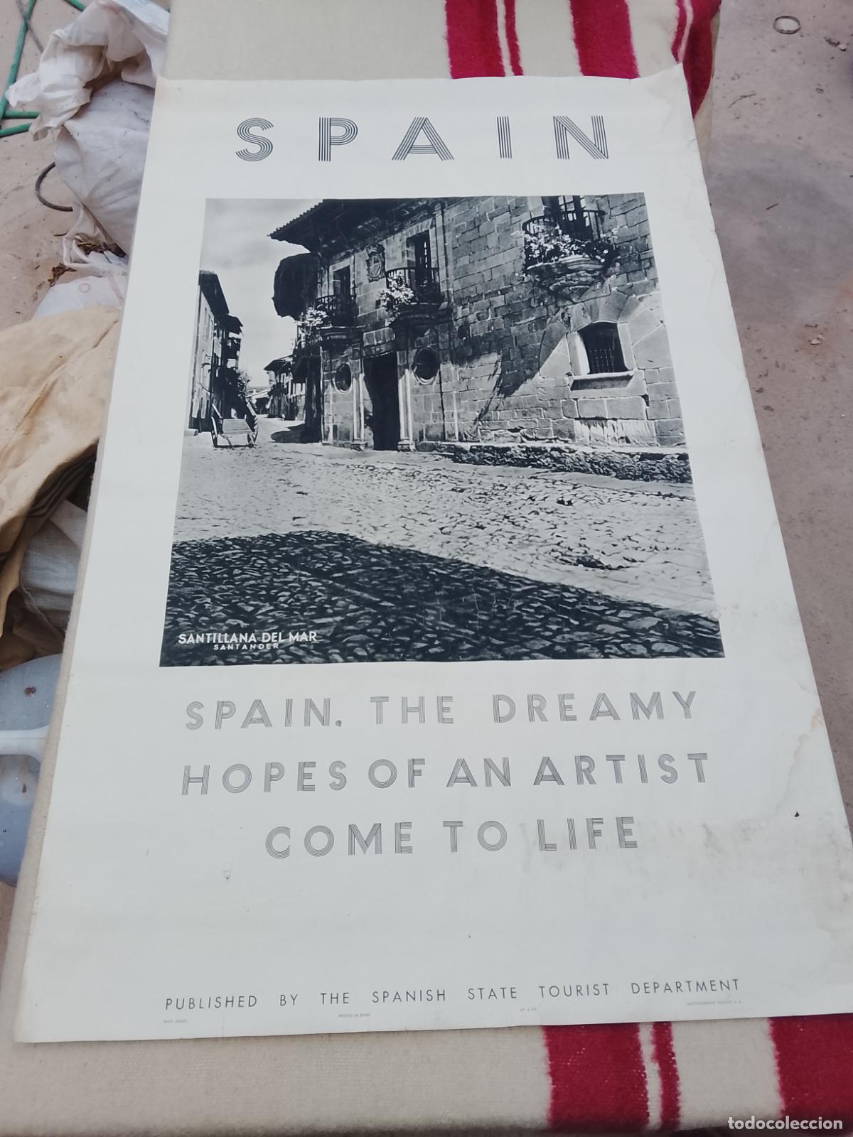Carteles de turismo: Cartel Original de Turismo de Espa&ntilde;a (A&ntilde;os 40/50) - Santillana del Mar - Fotograf&iacute;a de Kindel - Impr