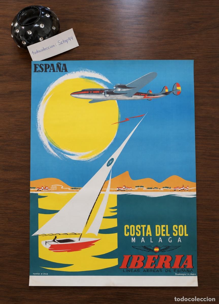 Carteles de turismo: Antiguo Cartel Iberia 1954 - Costa del Sol Malaga - Avi&oacute;n Super Constellation - Rivadeneyra